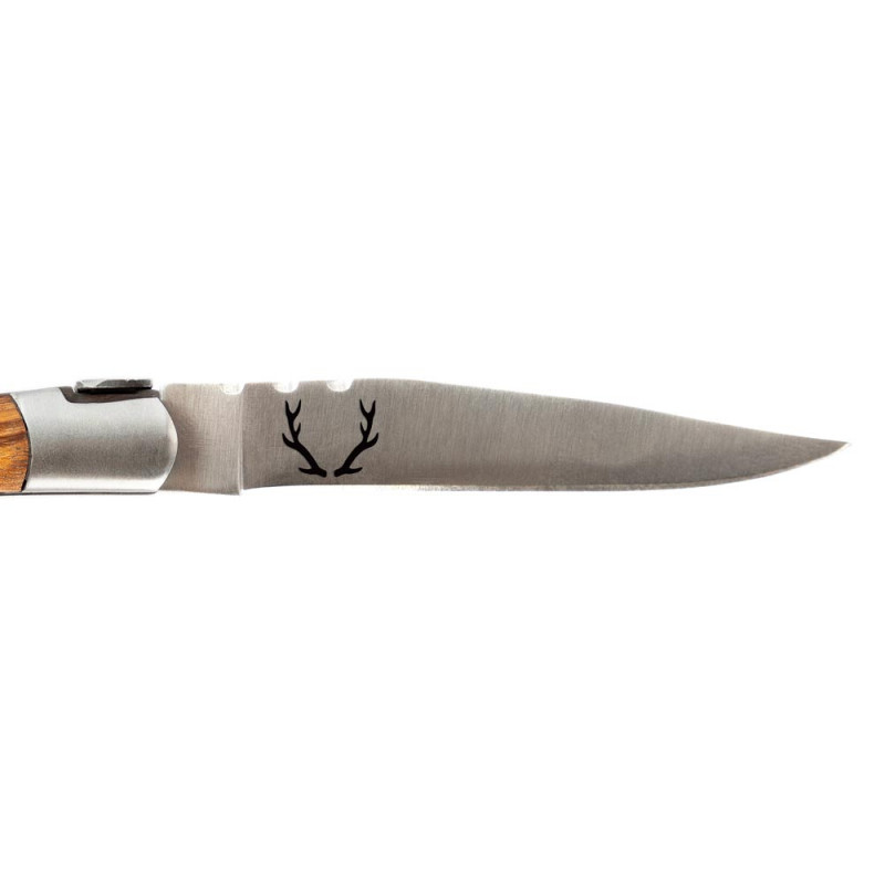 Couteau de poche manche frêne avec lame gravée design cerf