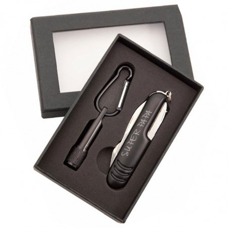 Coffret couteau et lampe poche avec texte gravé