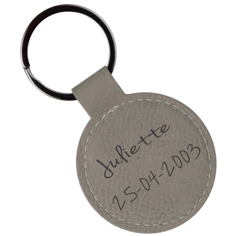 Porte clé rond cuir beige gravé texte