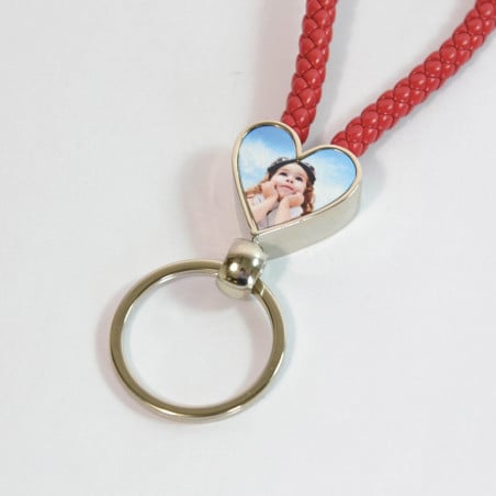 Porte clef coeur photo personnalisé avec corde rouge tressé