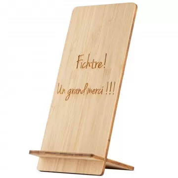 Support smartphone en bois gravé avec texte