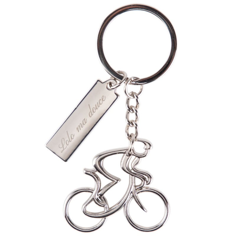 Porte clé cycliste argenté et gravé