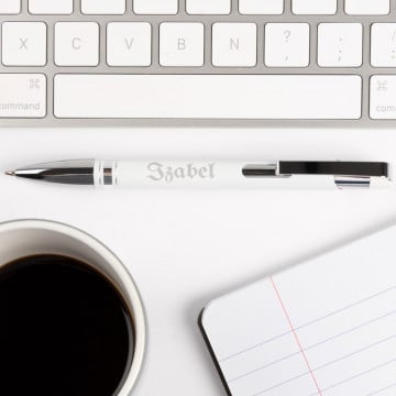 Stylo à bille blanc gravé et écrin en aluminium