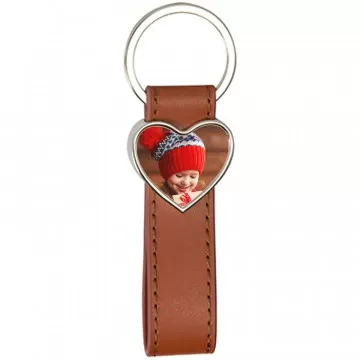 Porte clés cuir long brun avec cœur personnalisé photo