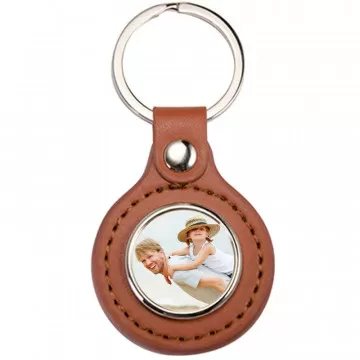 Porte clés en cuir brun rond personnalisé avec une photo