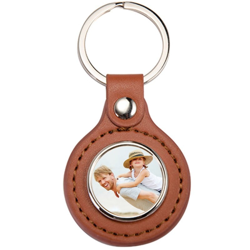 Porte clef cuir brun rond avec photo