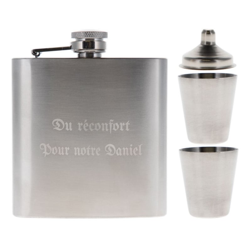 Coffret flasque alcool en inox personnalisé gravé