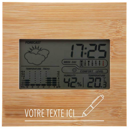 Station météo en bois gravure texte