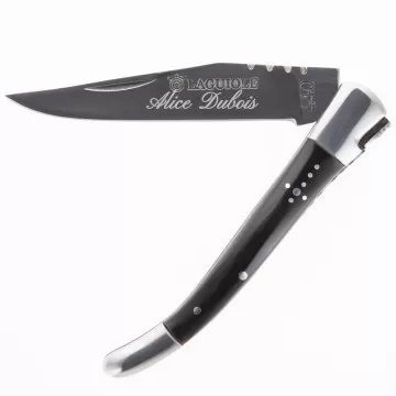 Couteau laguiole corne noir gravé