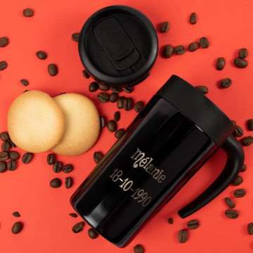 Mug thermos noir gravé avec poignée