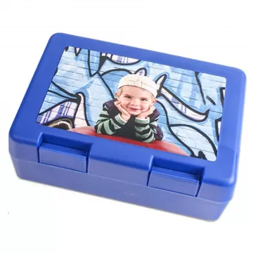 Boîte à goûter bleue personnalisée avec photo