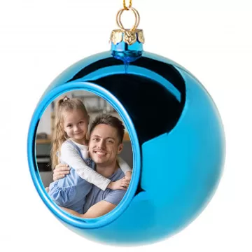 Boule de noel bleu clair personnalisée avec une photo