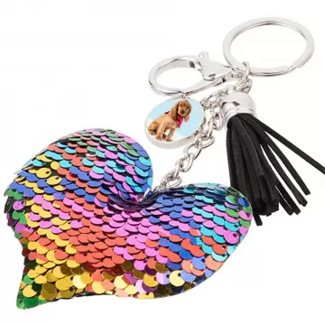 Grand porte clé cœur sequin personnalisé photo