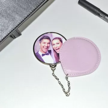 Miroir de poche rond photo personnalisé avec tissu rose