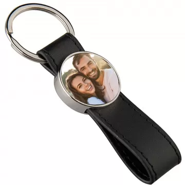 Porte clef en cuir long avec photo ronde personnalisable