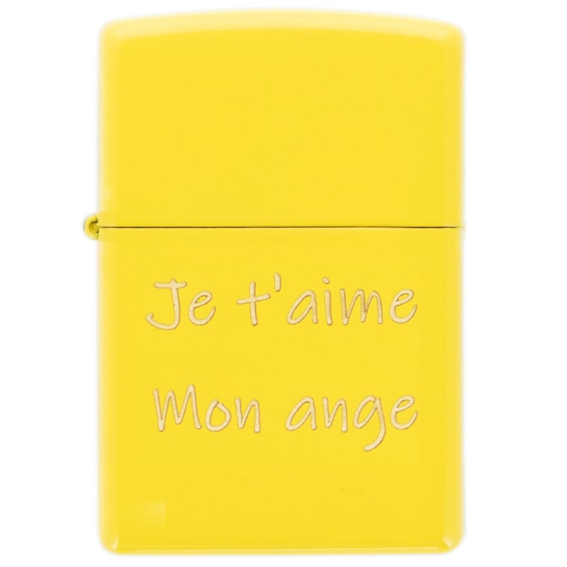Briquet Zippo jaune gravé