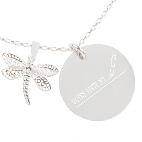 Collier libellule argent gravure texte