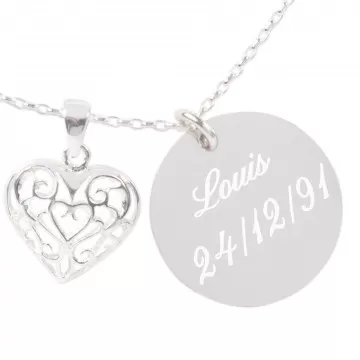 Collier gravé avec arbre de vie coeur en argent
