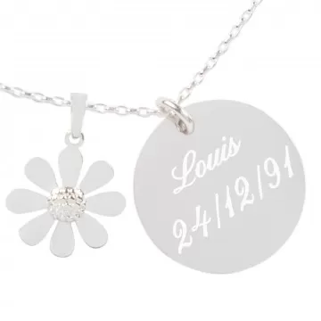 Pendentif marguerite en argent gravé - Collier fleur personnalisé