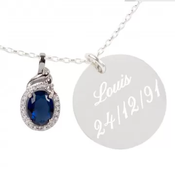 Collier femme gravé avec pierre saphir - Collier argent gravé