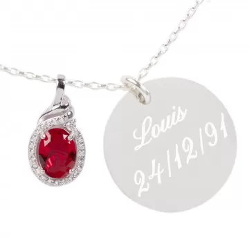Collier personnalisé pierre grenat - Médaillon rond gravé