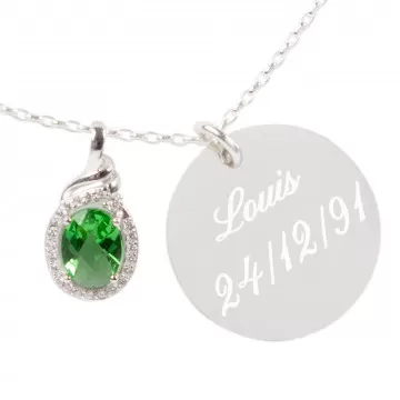 Collier gravé et sa pierre verte personnalisé - Collier argent