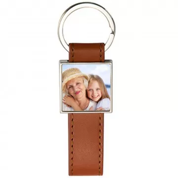 Porté clés long en cuir brun à personnaliser avec photo