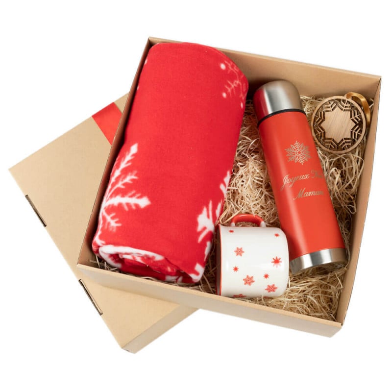 Coffret cadeau Noël avec tasse, thé, miel et flocon de Noël