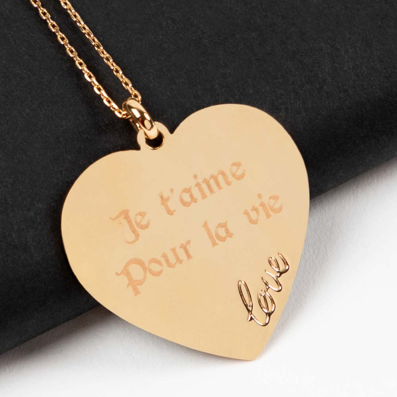 Collier cœur Love plaqué or 18 carats gravure texte