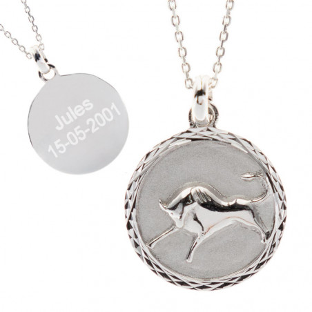 Collier signe zodiaque taureau en argent avec gravure texte