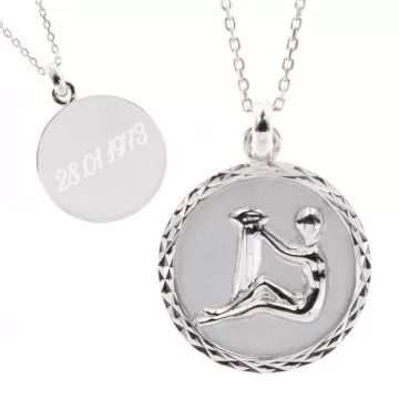 Collier en argent signe astrologique du Verseau avec gravure texte
