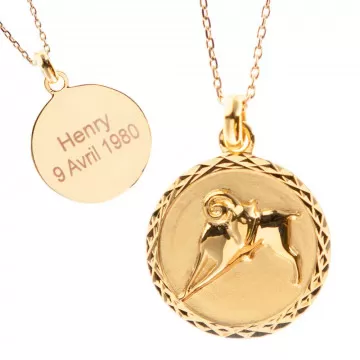 Collier en plaqué Or 18K signe zodiaque personnalisé avec texte gravé