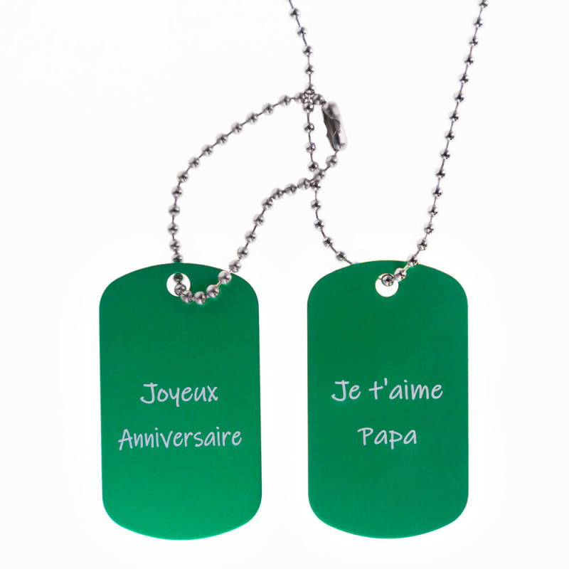 Dog tag vert personnalisé double avec gravure