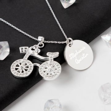 Collier vélo en argent avec gravure texte - Collier vélo personnalisé
