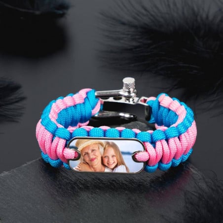 Bracelet personnalisé avec cordon tissu épais bleu et rose