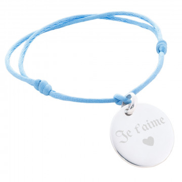 Bracelet rond argent gravé avec cordon bleu
