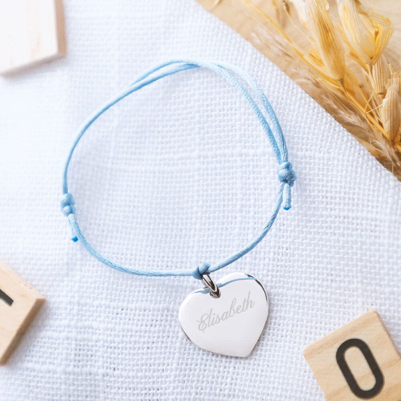 Bracelet cœur argent cordon bleu personnalisable