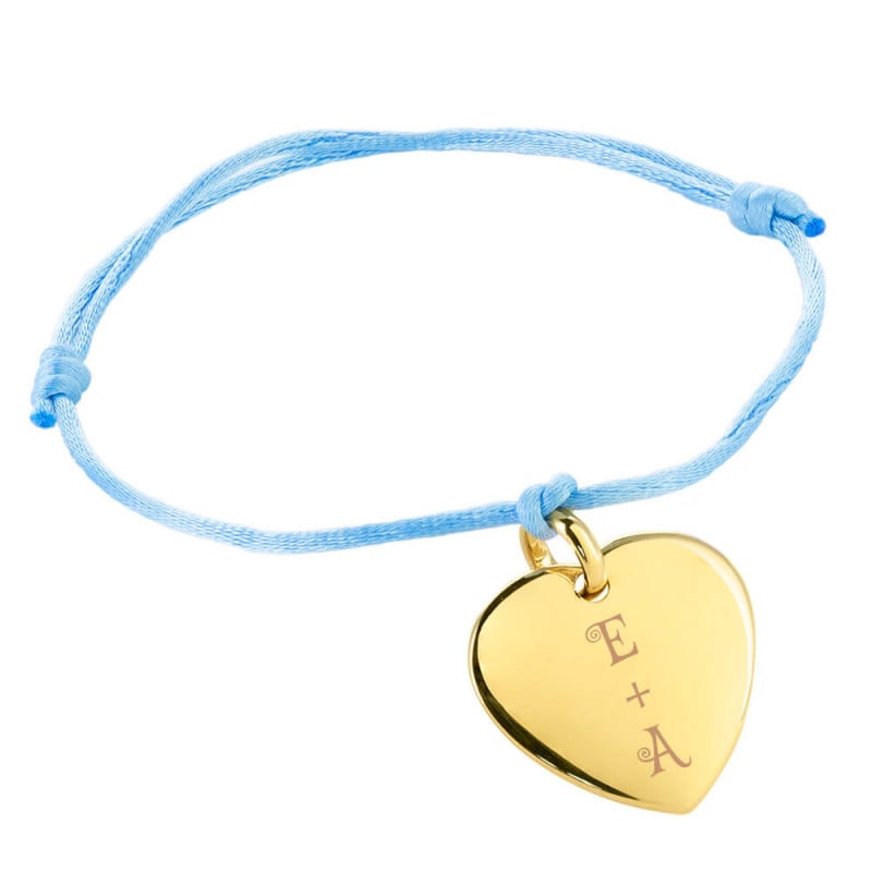 Bracelet cordon bleu avec cœur en plaqué or gravé