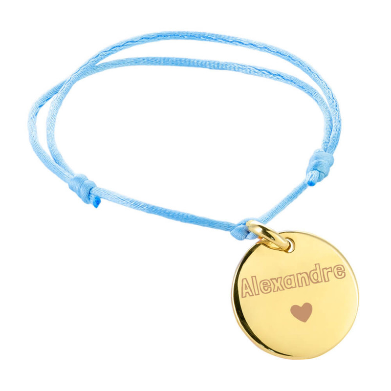 Bracelet avec rond en plaqué or gravé et cordon bleu