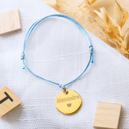 Bracelet avec rond en plaqué or personnalisé et cordon bleu
