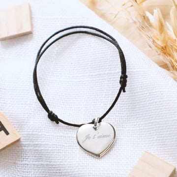Bracelet cordon noir ajustable avec cœur argent 925 personnalisé