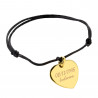 Bracelet cordon noir avec cœur plaqué or gravé