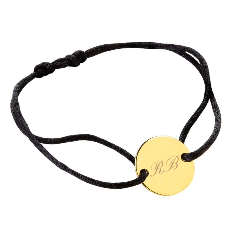 Bracelet cordon noir avec petit rond plaqué or à personnaliser