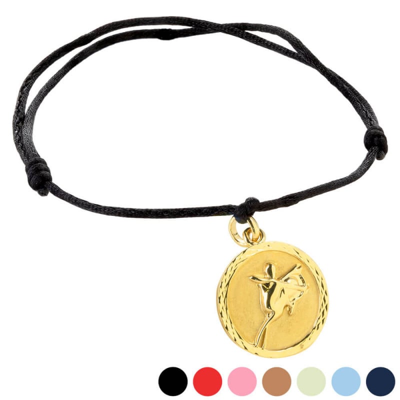 Bracelet cordon coloré avec médaillon rond Sagittaire plaqué or à personnaliser