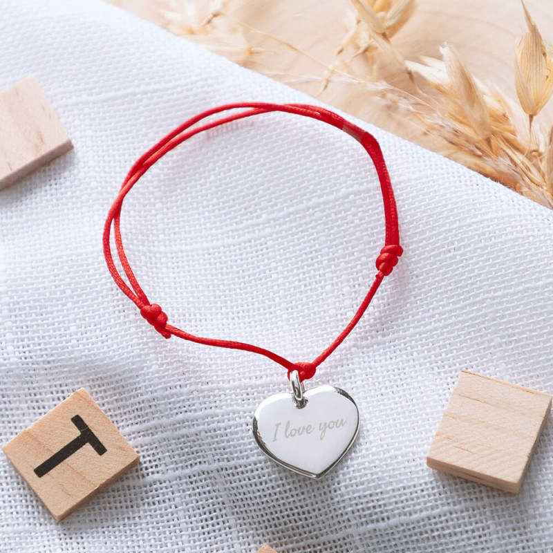 Bracelet personnalisé avec cœur argent 925 rhodié cordon rouge