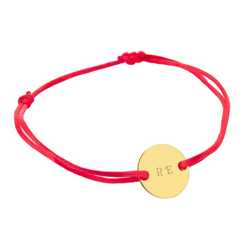 Bracelet petit rond plaqué or personnalisé avec cordon tissu rouge