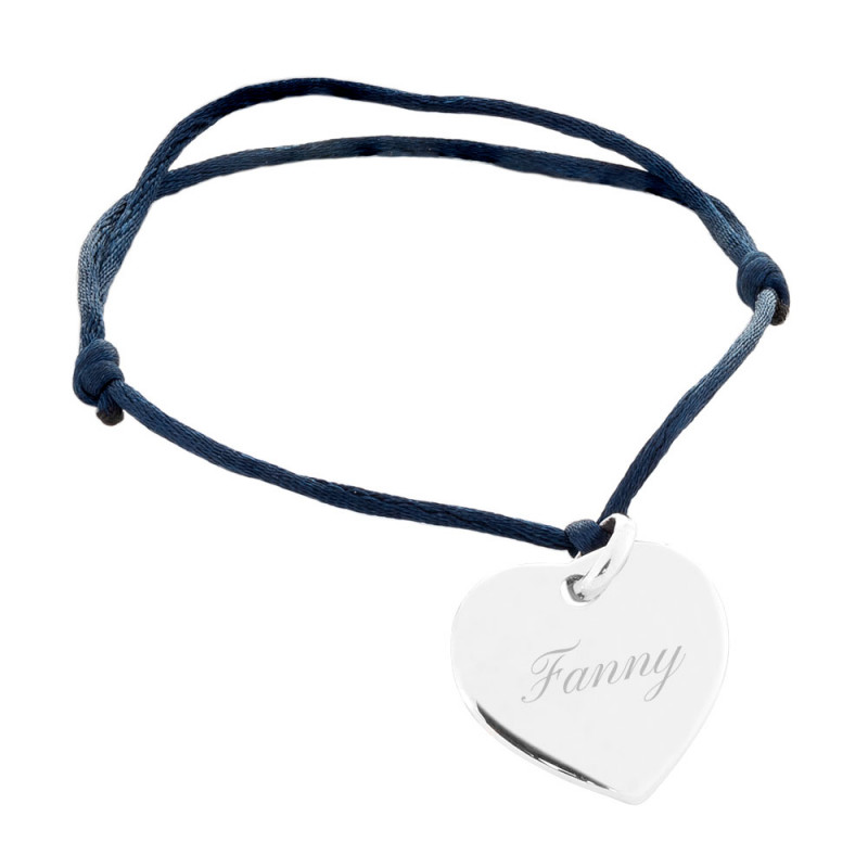 Bracelet cœur en argent gravé avec cordon bleu foncé