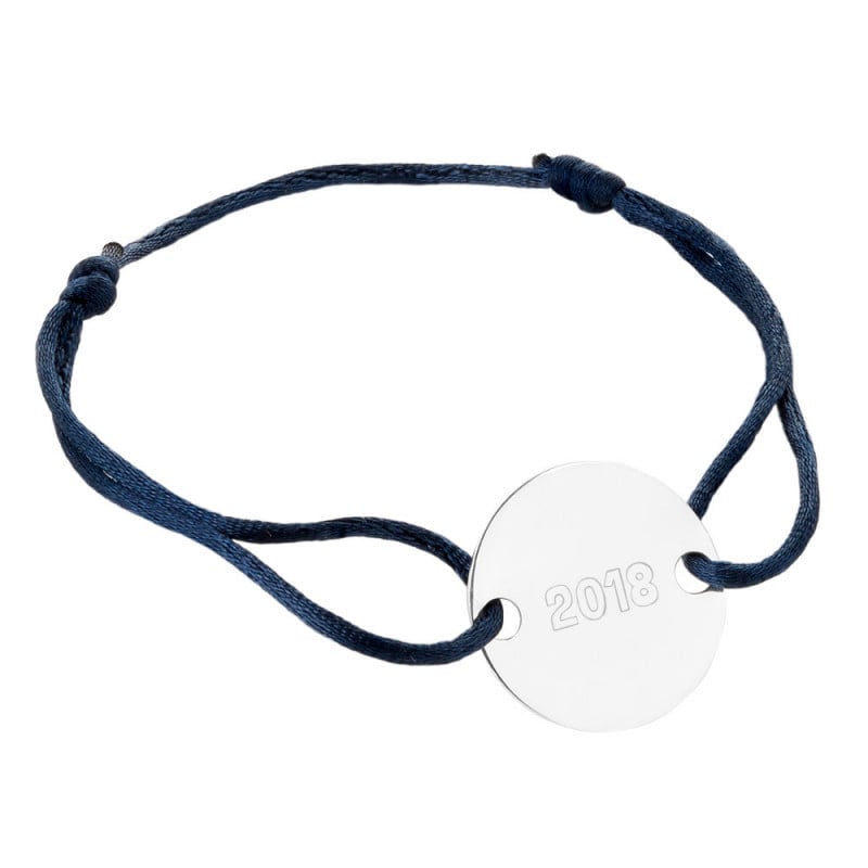 Bracelet cordon bleu foncé avec petit rond personnalisé