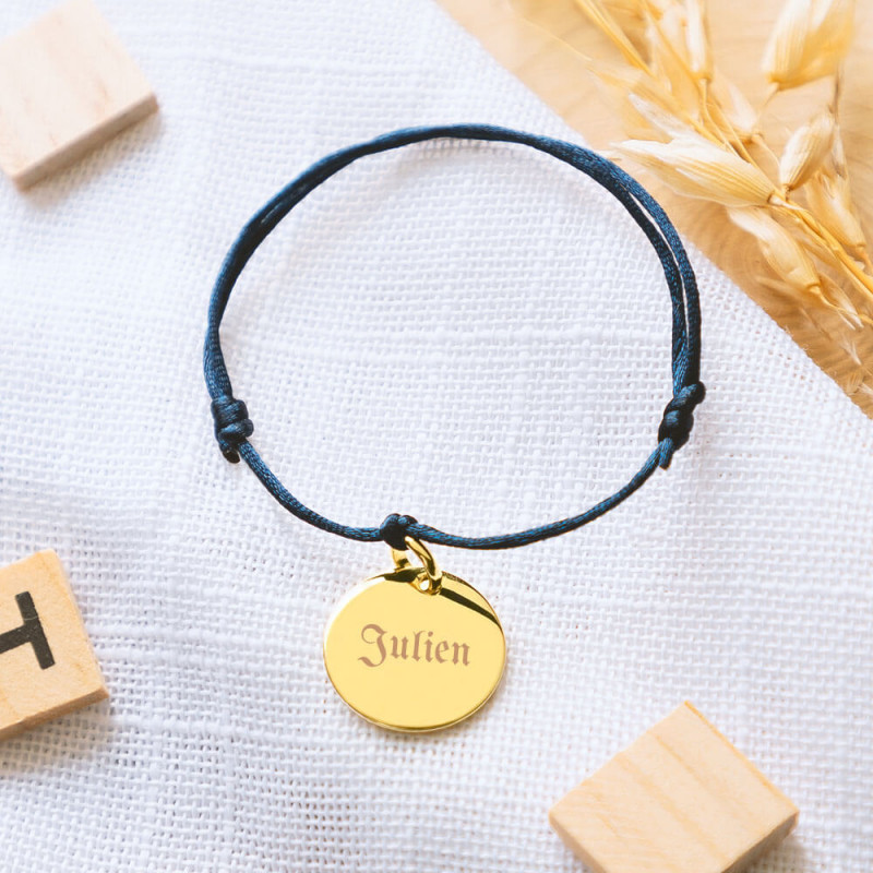 Bracelet rond en plaqué or personnalisé et cordon bleu foncé