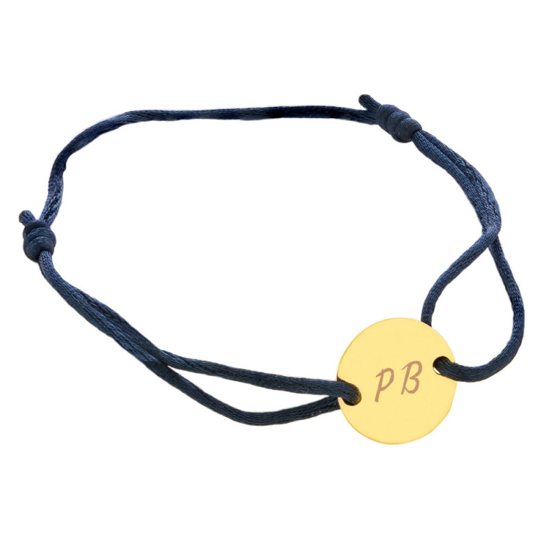 Bracelet cordon bleu foncé avec petit rond plaqué or personnalisé